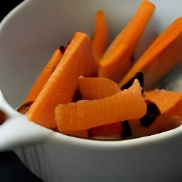 the output is a bowl of carrots with olive oil, salt, turbinado sugar, and balsamic vinegar drizzled over it.