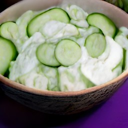 a bowl of cucumber slices and onion in a sour cream mixture.