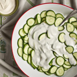 

This delicious European side dish is a creamy, gluten-free cucumber salad made with sour cream, granulated sugar, cucumbers and sweet onions - free of eggs, nuts and soy.
