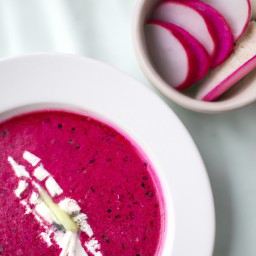 

This light European dinner soup combines onions, beets, vegetable broth and sourdough bread to create a delicious blend of vegetables. Topped with feta cheese and radish, this eggs-free and nuts-free beetroot soup is sure to please!