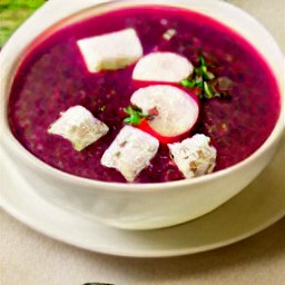 soup in bowls topped with golden croutons, radish slices, and crumbled feta cheese.