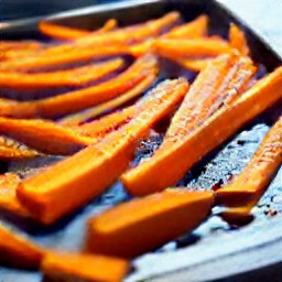 a baking sheet with sweet potato sticks that have been drizzled with olive oil and mixed with a spoon. the mixture has been sprinkled with brown sugar, salt, and black pepper.