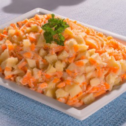 

Delicious and nutritious, this potato salad is a perfect spring side dish. Made from fresh new potatoes, carrots, onions, sugar and vinegar with lactose-free mayonnaise and no nuts or gluten - it's sure to be a hit!