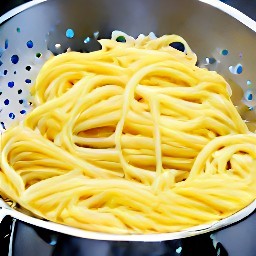 the cooked linguine pasta is drained in a colander.