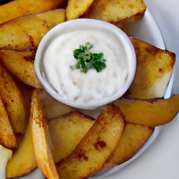 baked potato wedges on a plate with garlic dip.