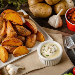 

Potato wedges with roasted garlic dip is a gluten-free, nut-free and soy-free side dish perfect for summer roasting or as an appetizer.