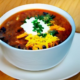 a bowl of chili topped with sour cream, chopped cilantro, grated cheddar cheese, and tabasco.