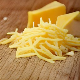 the cheddar cheese is shredded into small pieces.