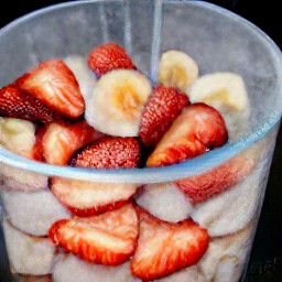 a smoothie with strawberries, ice cubes, and bananas.