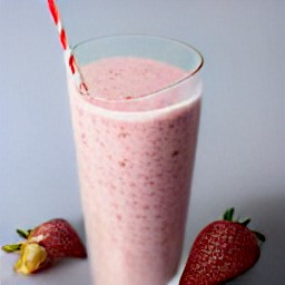 a tall glass now contains the strawberry and banana smoothie that was transferred there.