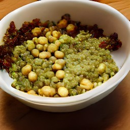a dish with mashed chickpeas, zest lemons, pesto, chopped tomatoes, salt and black pepper.