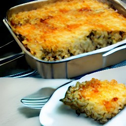 a dish of lentils, brown rice, and chopped onions covered in cheese and broth.