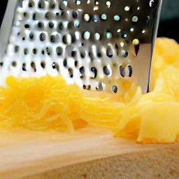 the cheddar cheese in small pieces after being shredded with a grater.