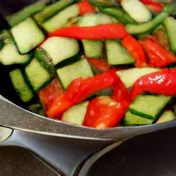 a stir-fry with sesame oil, onions, garlic, ginger, coriander, soy sauce, red bell peppers, green beans and zucchini.