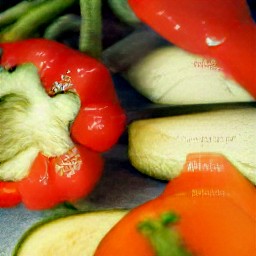 chopped cilantro, red bell peppers, and green beans.