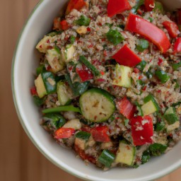 

Delicious and nutritious vegan tamari-flavored veggies and quinoa - made with red onions, bell peppers, zucchini, limes and dried quinoa - is perfect for lunch or dinner!