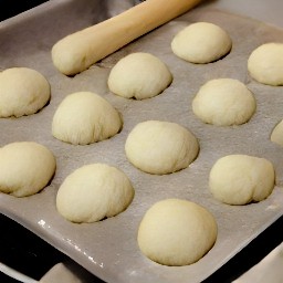 the dough is cut into 12 equal sized balls, then spread out on an oven tray.
