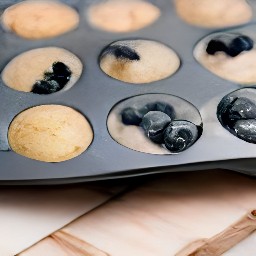 the blueberry batter is poured into a muffin pan.
