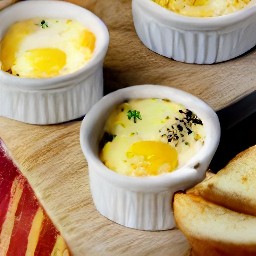 cheesy baked eggs served with a side of bread and garnished with watercress.