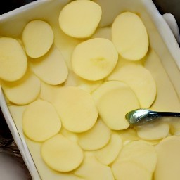 a baking dish greased with half a tbsp of butter and potato slices laid in it.