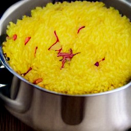 a pot of basmati rice cooked with clarified butter, cinnamon stick, cloves, onion, and garlic.