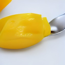 a spoon is used to remove the pit from a mango.