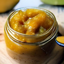 the chutney is transferred to a sterilized jar and covered with a lid.