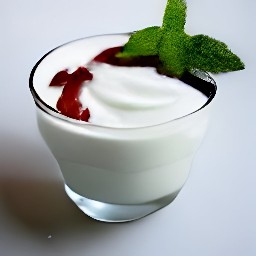 a bowl of yogurt with fruit preserves mixed in, topped with spearmint.
