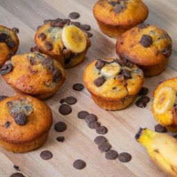 

Delicious banana and chocolate chip muffins made with granulated sugar, eggs, bananas, applesauce, vanilla yogurt and semi-sweet chocolate chips - a great nut-free and soy-free treat for kids!