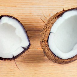 two coconut halves with the peel removed.