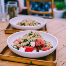 

This delicious, refreshing side dish of Arabic origin is a perfect eggs-free, nuts-free and soy-free appetizer. It's made with bulgur, pumpkin seeds, halloumi cheese, cucumbers and lemons topped off with watermelon for sweetness.