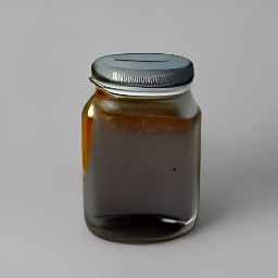 a jar containing garlic vinegar, dark molasses, and onion powder.