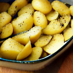 a baking dish filled with quartered potatoes and sage mixture.