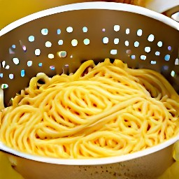 the spaghetti is drained of water in a colander.