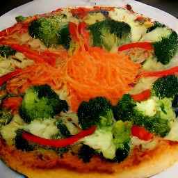 the pizza crust is topped with cauliflower, broccoli florets, carrots, red bell peppers, portabello mushrooms and shredded mozzarella cheese.