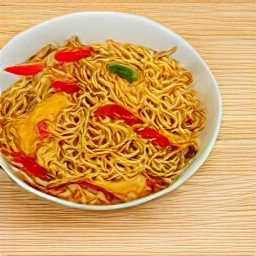 a bowl of spaghetti with a puree, cayenne pepper, red and yellow bell pepper slices, and scallion slices.