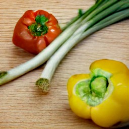 destalk and halve the red and yellow bell peppers, then deseed and slice thinly. peel the scallions' outer layer, then cut them into thin slices.