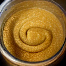 the output is a puree of ginger, garlic, vegetable oil, tahini, peanut butter, soy sauce, dry sherry, balsamic vinegar honey red chili oil and black pepper.