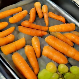 a baking tray with baby carrots and grapes on opposite sides, drizzled with olive oil.