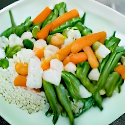 a large bowl of rice mixed with maple syrup, balsamic vinegar, lemon juice, and olive oil, with salt and black pepper to taste. the bowl also contains green beans, roasted baby carrots, fet