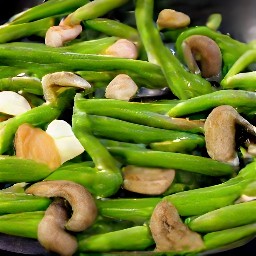a pan of cooked mushrooms, green beans, and almonds in olive oil and soy sauce.