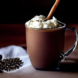 a mug of hot chocolate topped with whipped cream, cocoa powder and a cinnamon stick.