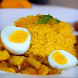 the egg curry with rice and lentil will come with a side of mango chutney.