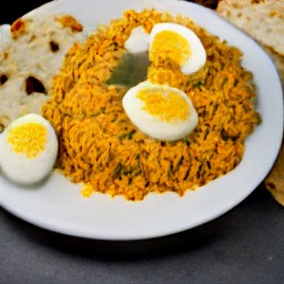 white rice and lentil with naan bread.