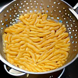 the cooked casarecce pasta is drained in a colander.