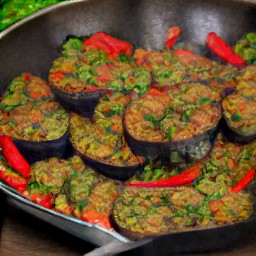 a dish of eggplant with sour sauce, onion, garlic, and red chili pepper slices.