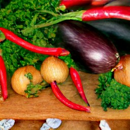 you will have eggplant chunks, onion slices, garlic slices, chopped coriander, and thinly sliced red chili pepper.