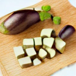 after peeling and chopping the onion, trim the eggplants and cut them into cubes. finally, chop the rest of the garlic.