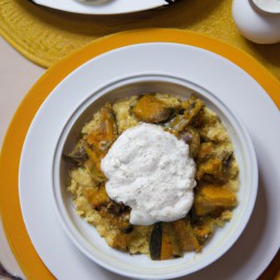 

This delicious, eggs-free Mediterranean and African lunch combines onions, eggplants, lemons, couscous, almond flakes and plain yogurt for a refreshingly minty vegetable dish.