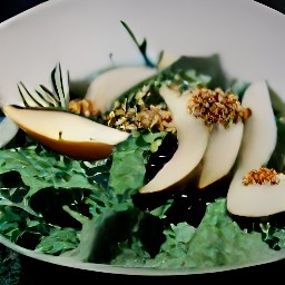 a plate with dandelion greens, sliced pear, hazelnuts crumbs, brie cheese, and a drizzle of rosemary honey dressing.